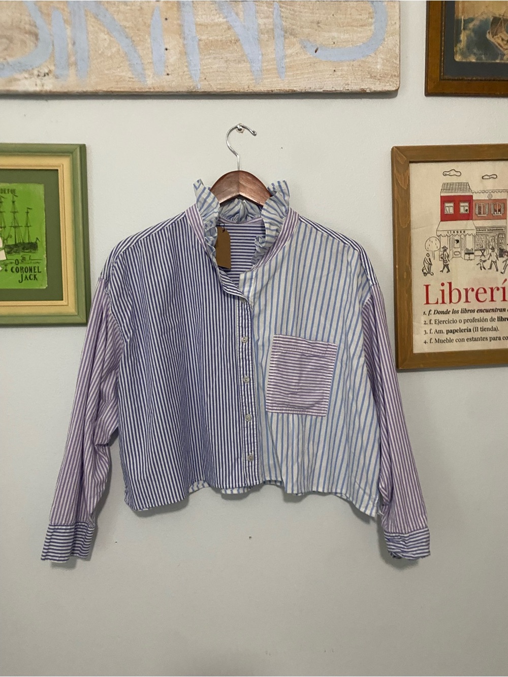Upcycled Striped Button-Front Cropped Top - Blue & Lavender